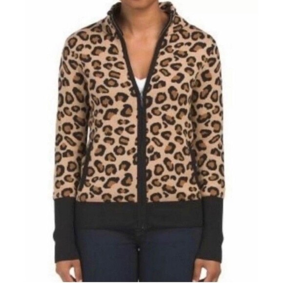Rachel Zoe Beige Leopard print full zip sweater  size Large Pockets Soft - Picture 1 of 8